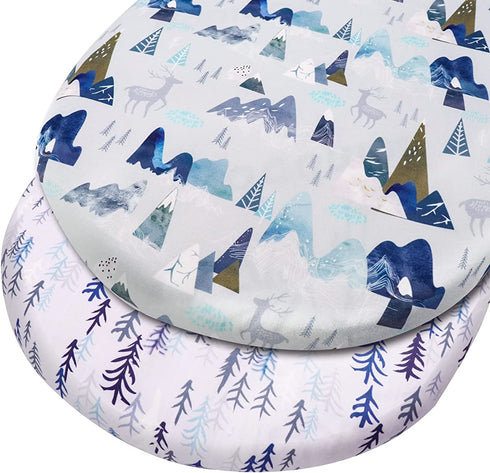 Baby Bassinet Sheet for Boys and Girls, Cradle Mattress Sheet, Baby Bedside Sleeper Cover, Universal for Rectangle, Oval, Hourglass Bassinet Mattress, Soft & Breathable, 2 Pack, Mountain & Pine