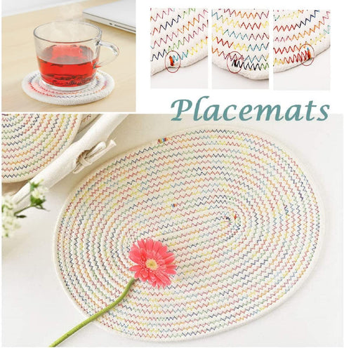 Oval Woven Placemats Set of 4, Cotton Rope Weave Placemats with 4 Pack Round Fabric Coasters Heat-Resistant Non Slip Plait Table Mats Rustic Placemats for Kitchen Table (Rainbow)