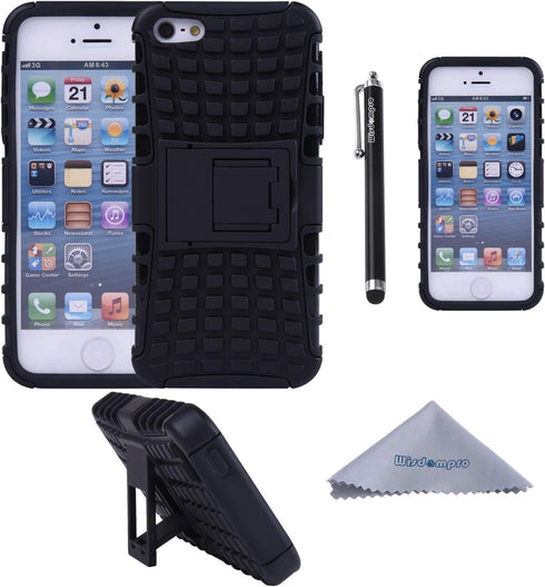 Wisdompro Case for iPhone SE 1st Generation, 2 in 1 Heavy Duty Hard PC Soft TPU Rugged Protective Cover with Foldable Kickstand for iPhone 5, for iPhone 5s, for iPhone SE 2016 - Black/Black