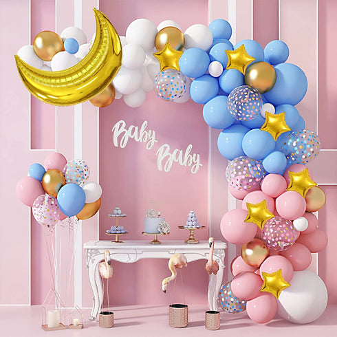 126Pcs Gender Reveal Party Supplies Pink and Blue Balloon Garland Arch Kit, Gold Foil Moon&Stars Confetti Pastel White Latex Balloons for Birthday Baby Shower Decorations Wedding Party Supplies