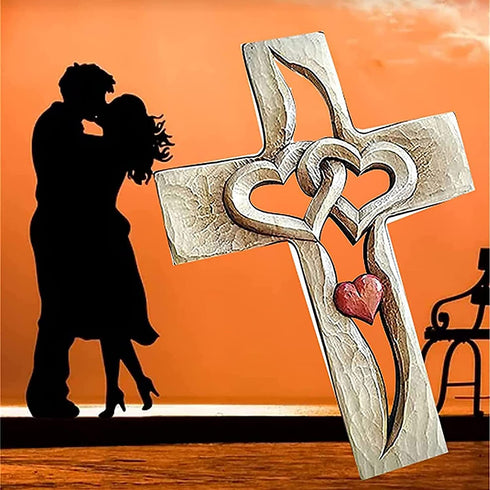 YunQin Carved Wooden Cross - Intertwined Hearts, Wooden Love Cross, Wall Hanging Hand Carved Wood Cross for Home Living Room Decor