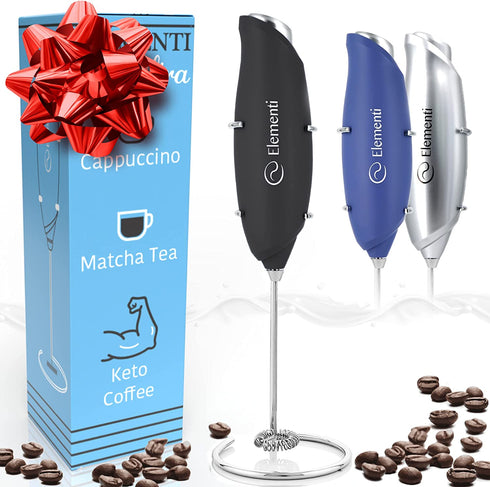 Elementi Electric Milk Frother Handheld, Matcha Whisk, Milk frother for Coffee Frother Electric Handheld Drink Mixer, Electric Mini Whisk Small Hand Mixer, Frappe Maker (Ultra Black)