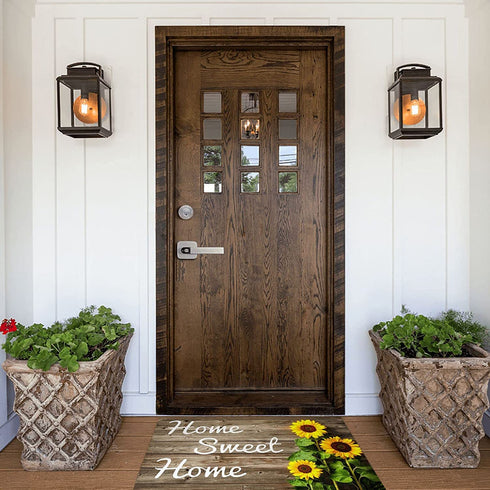 Sunflower Welcome Doormat, 17 X 29 Inch Wood Background Flower Spring Summer Decorative Home Sweet Home Entrance Rug Door Mat Rubber Backing Non-Slip Floor Mat for Kitchen Bathroom