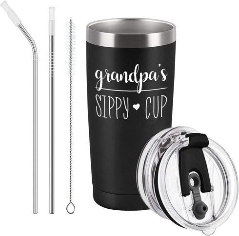 Gingprous Father's Day Birthday Gifts for Grandpa, Stainless Steel Travel Tumbler with 2 Lids, Funny Grandpa's Sippy Cup Grandpa Gifts from Son, Grandchildren, Kids (20oz, Black)