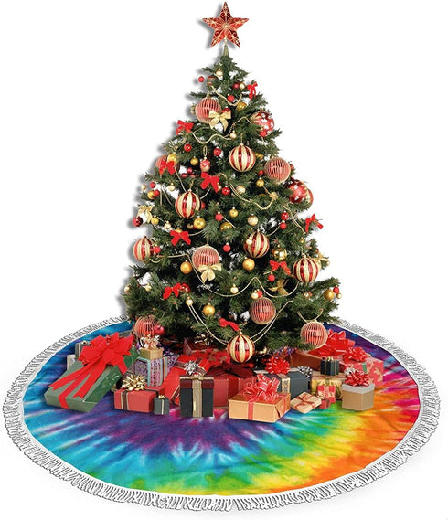 Tie Dye Christmas Tree Skirt with Tassel Small Xmas Tree Skirt Mat 36 Inch Rustic Farmhouse for New Year Party Holiday Decorations
