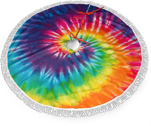 Tie Dye Christmas Tree Skirt with Tassel Small Xmas Tree Skirt Mat 36 Inch Rustic Farmhouse for New Year Party Holiday Decorations