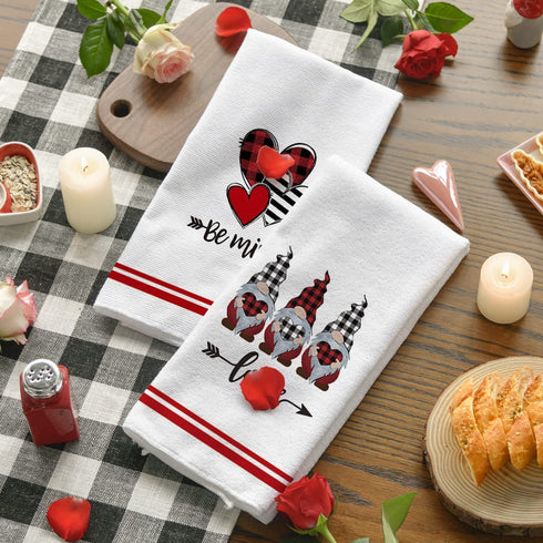Artoid Mode Love Heart Gnome Kitchen Dish Towels, 18 x 26 Inch Seasonal Valentine's Day Anniversary Wedding Ultra Absorbent Drying Cloth Tea Towels for Cooking Baking Set of 4