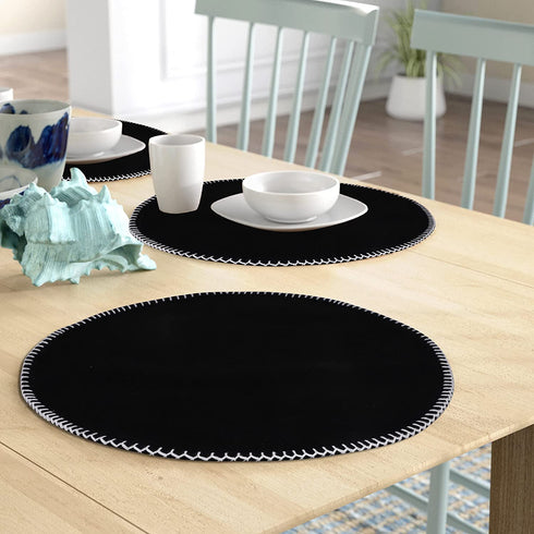 Urban Villa Round Placemats with Embroidery Stitches Black Color with White Stitches 100% Cotton Fused Place Mats 16'' Round Over Sized Set of 6 Ribbed Weave Every Day Use Heavier Quality