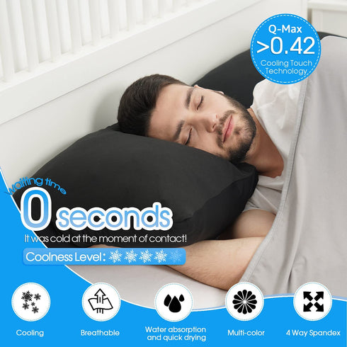 BORPRES-Cooling-Pillowcase,Japanese Chill-Plus Tech,Q-MAX>0.43 Cooling Fiber, Absorbs Heat Keep Cool,Double Sided Design,Idea for Hot Sleeper Night Sweats All Seasons Queen Size,Black