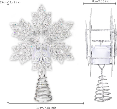 Afirst Christmas Tree Topper Lighted Snowflake with LED Rotating Snowflake Projector Lights 11.4 inches 2-in-1 Silver Glittered Xmas Tree Decoration