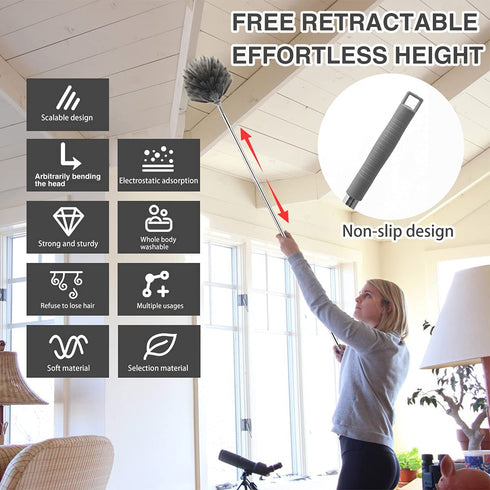 5PCS Microfiber Duster, Feather Duster with 100 Inches Stainless Steel Extension Pole, Reusable Bendable Washable Cobweb Dusters for Cleaning Furniture, Blinds, Cars, Gap, Ceiling Fan, High Ceiling