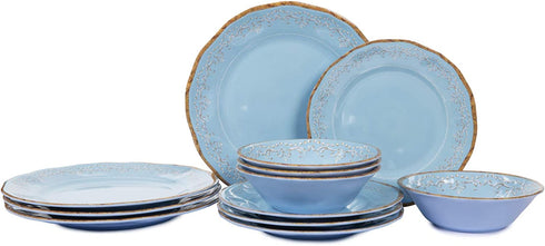 Melamine Dinnerware Sets, 12 PCS Dishwasher Safe 100% Melamine Dinner Plates, Dishes, and Bowls Set for Indoor and Outdoor Use