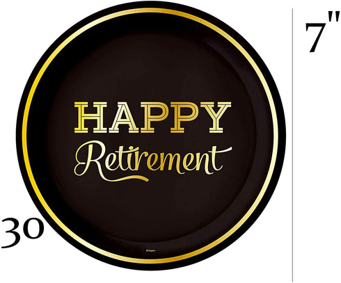 Serves 30 Happy Retirement Complete Party Pack 9" Dinner Paper Plates 7" Dessert Paper Plates 12 oz Cups 3 Ply Napkins Cake Topper Happy Retirement Party Theme