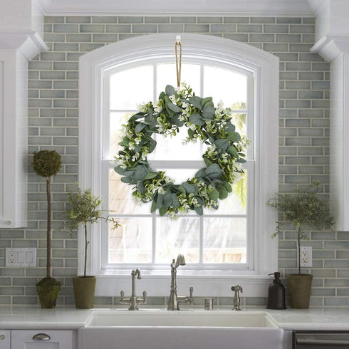 FLORLAB - Eucalyptus Wreath - 16 Inches - Farmhouse Wreath - Front Door Wreath - Door Decor - Green Wreath - for Indoors - Small Wreath - Mini Wreath - Perfect Spring Summer Wreath (16 inches)
