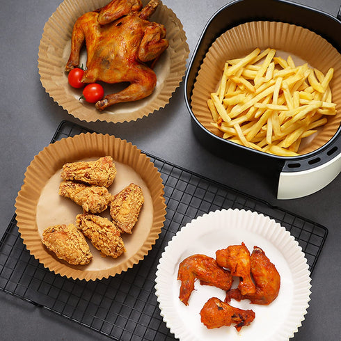 DERGUAM 100 PCS Air Fryer Disposable Paper Liner, Non-Stick Baking Parchment, Air Fryer Liners with Food Tong and Baking Brush for Baking Roasting Microwave Frying Pan, 7.8"