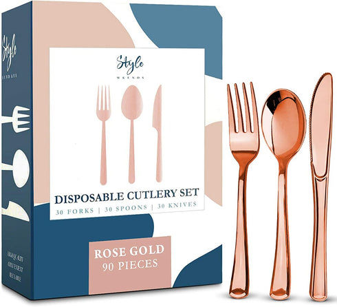 Rose Gold Plastic Silverware Party Utensils Set Heavy Duty Plastic Disposable Cutlery (30 Spoons, 30 Forks & 30 Knives) Ideal for Rose Gold-Themed Elegant Parties, Birthdays & Luxury Weddings