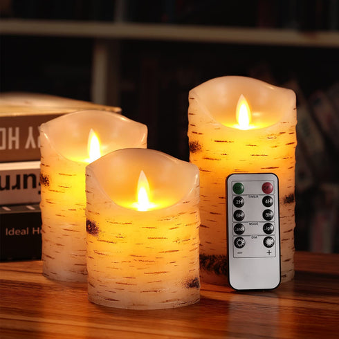 Tuyai Flameless Candles LED Candles Set of 3 (D 3.25 x H 4 5 6) Ivory Real Wax Pillar Birch Bark Effect Battery Operated Candles Dancing LED Flame 10-Key Remote Control and Cycling 24 Hrs Timer