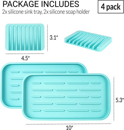 UHMER Silicone Sink Tray Set, Kitchen Sink Organizer Tray & Silicone Soap Dish 4-PACK, Multipurpose Turquoise Kitchen Sink Tray for Soap Bottles, Sponge Tray for Kitchen Sink, Kitchen Soap Tray