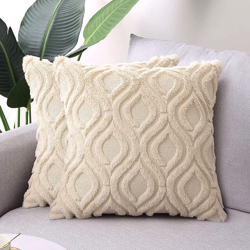 Decorative Throw Pillow Covers 20x20, Faux Fur Farmhouse Boho Pillow Cases ,Soft Plush Fuzzy Beige Cushion Covers for Sofa Couch Living Room Bedroom Set of 2