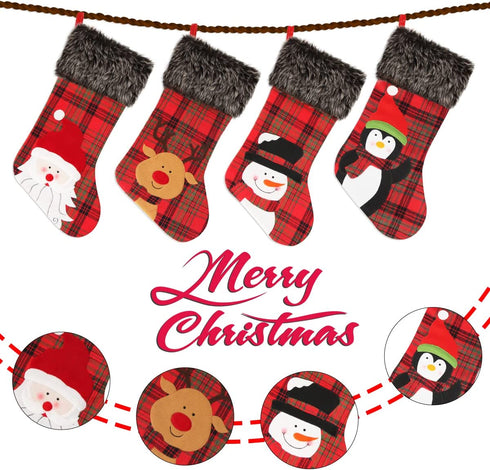 Aitbay Christmas Stockings, 4 Pack 18" Big Xmas Stockings, Burlap Plaid Style with Penguin Santa Snowman Reindeer and Plush Faux Fur Cuff Family Pack Stockings for Xmas Holiday Party Decor