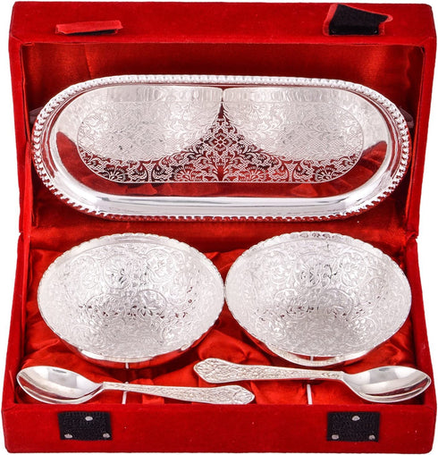 Rastogi Handicrafts Silver Plated round Shaped Bowl and Tray Set Dry Fruit Bowl Set, Diwali, Christmas, Festival Gifts, Set