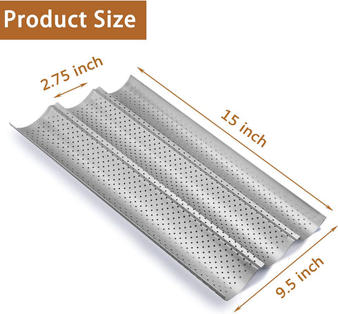 GGC Baguette Pan, Nonstick Perforated French Bread Pan for Baking, Silver Food Grade Coating, Baguette French Baking Pan Has Fast Heat Conduction to Cook 3-Wave Crispy Breads Loaves (15" x 9.5")