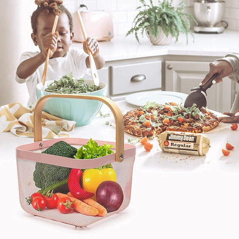 This Wire Basket, Hanging Kitchen Basket Fruit Basket With Wooden Handle Handles can Store Household Items like Fruits and Vegetables and can Also be Stacked to Save Space.?White?