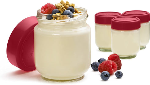 Cuisipro 6 Ounce Glass Jars (Set of 4), Glass/Red