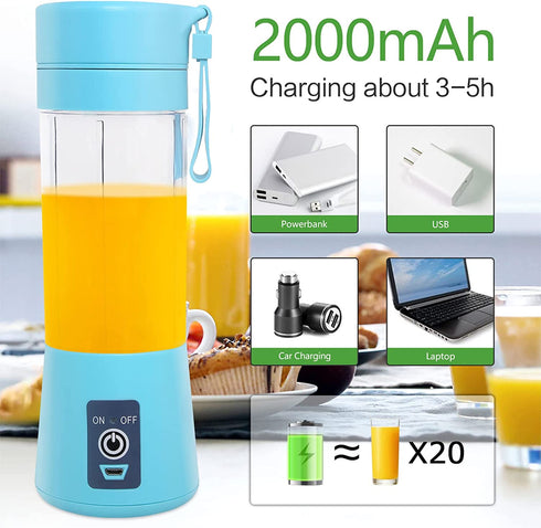 Portable Personal Mini Smoothie Blender - USB Rechargeable Shake Smoothies Mixer Single Small Size Fruit Juice Blender Battery Operated Individual Juicer Cup for Travel Camping & Outdoor - Blue