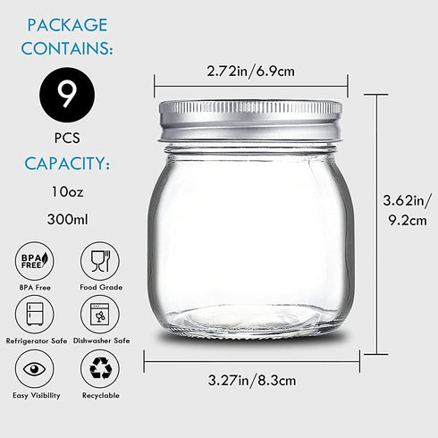 YEBODA 9 Pack Wide Mouth Mason Jars 10 oz Glass Canning Jars with Airtight Lids and Bands for Preserving, Jam, Honey, Jelly, Wedding Favors, Shower Favors, Sauces, DIY Magnetic Spice Jars