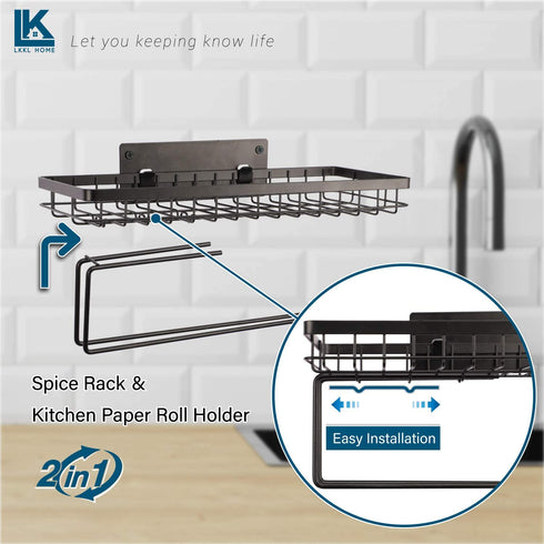 LKKL Paper Towel Holder Spice Rack and Multi-Purpose Shelf, Wall Mount Storage Organizer for Kitchen Pantry Laundry Garage Bathroom, Double Roll Toilet Tissue Holder, Paper Towel Rack- Matte Black