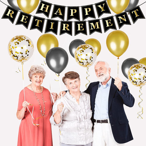 Decorlife Retirement Plates and Napkins Sets Serves 16, Retirement Party Supplies Includes Plates Set, Happy Retirement Banner, Fringe Curtains and Balloons, Total 136 PCS