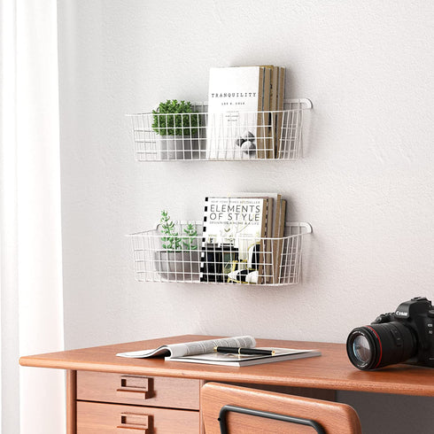 Wall Basket, Cambond Metal Wall Mounted Wire Baskets for Storage, Durable Hanging Wire Wall Basket Pantry Organizer for Kitchen, Home, Office, Bathroom, Garage, Mount Hooks Included 4 Pack (White)
