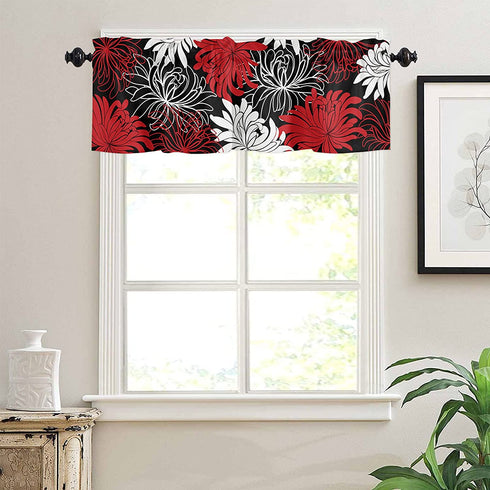 Red Dahlia Valance Curtain Rod Pocket Window Curtain Modern Art Abstract White Red Chrysanthemum Flower Black Washable Window Treatment for Living Room Bedroom Kitchen Home Decor 54x19in