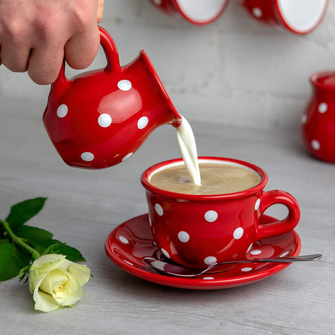 Handmade Red and White Polka Dot Small 150ml/5oz Ceramic Creamer, Milk Jug, Pourer, Pitcher Jug, Pottery Housewarming Gift for Tea Coffee Lovers by City to Cottage®