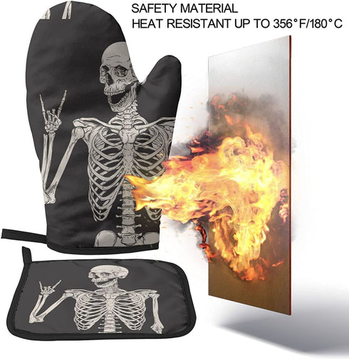 Halloween 3D Skeleton Kitchen Oven Mitts and Pot Holders Sets of 2,Resistant Hot Pads ,Flexible Cooking Oven Gloves for Microwave BBQ Cooking Baking Grilling