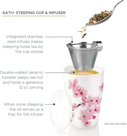 Tea Forte Kati Cup Hanami, Ceramic Tea Infuser Cup with Infuser Basket and Lid for Steeping Loose Leaf Tea