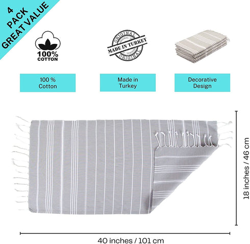 Clotho 4 Pack Turkish Hand Towel for Bathroom | Decorative Towel Set of 4 for Kitchen | 100% Cotton 18 x 40 Inches (Silver Gray)