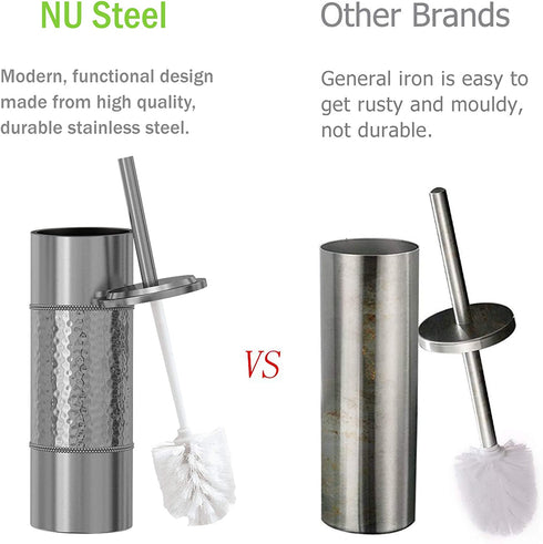 nu steel Hammer Detail Stainless Steel Toilet Brush with Covered Metal Case Finish Comes with a Complete Plastic Liner Inside to Prevent Dripping, Silver