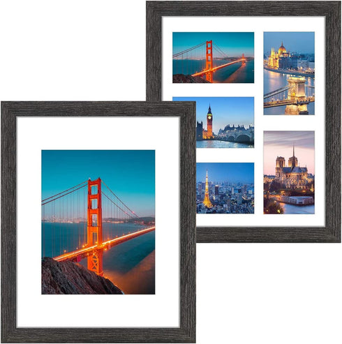 NUOLAN 11x14 Picture Frame Weathered Black Wood Pattern Set of 2 with 4 Mats, Display - 8x10 Picture or Five 4x6 Photos with Mat, 11x14 Without Mat (NL-PF11X14-DG)
