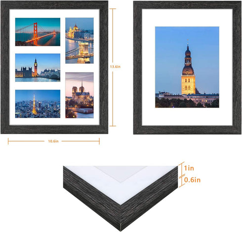 NUOLAN 11x14 Picture Frame Weathered Black Wood Pattern Set of 2 with 4 Mats, Display - 8x10 Picture or Five 4x6 Photos with Mat, 11x14 Without Mat (NL-PF11X14-DG)