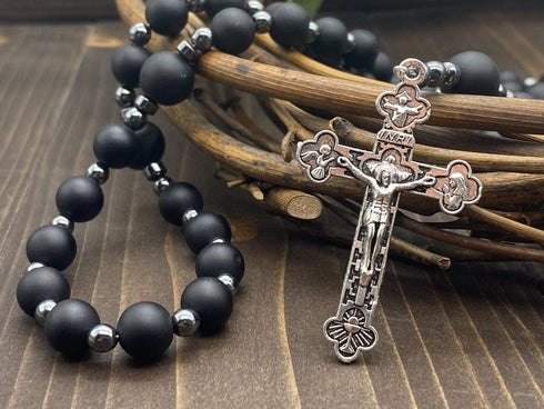 Nazareth Store Black Matte Agate Beads Rosary with Hematite Stones Catholic Necklace Jerusalem Holy Soil & Cross Crucifix in Velvet Bag