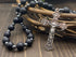 Nazareth Store Black Matte Agate Beads Rosary with Hematite Stones Catholic Necklace Jerusalem Holy Soil & Cross Crucifix in Velvet Bag