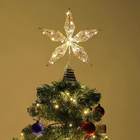 Shinowa 11.8Inch/30cm Christmas Tree Topper, Glittered Star Treetop with 20 LED Lights Battery Operated Christmas Tree Decoration Metal Lighted Xmas Seasonal Festive Party Holiday Home Decor, RoseGold