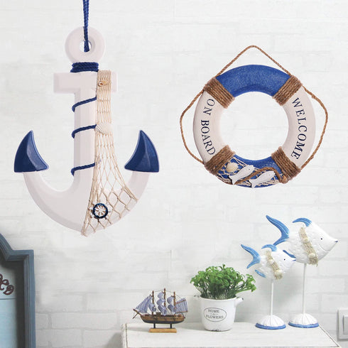 2 Pack 13" Nautical Beach Wooden Ship Anchor and 10 " Nautical Life Ring Wall Beach Decor , Nautical Theme Home Decoration (Dark Blue)