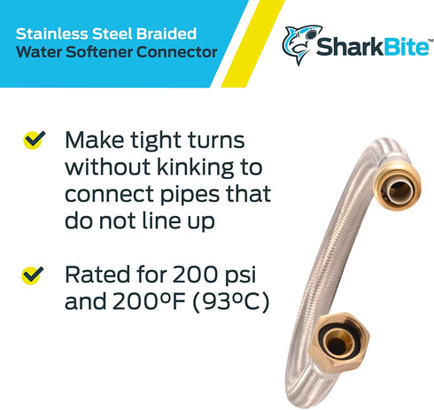 SharkBite U3086FLEX24LFA Water Softener Connector, 3/4 Inch to 1 Inch FNPT x 24 Inch, Push-to-Connect COPPER, PEX, CPVC, Braided Stainless Steel