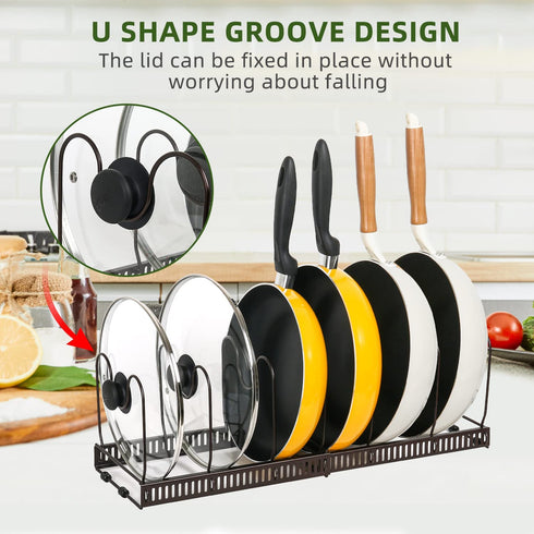 Expandable Pot and Pan Organizer Rack, Pans Pots Lid Organizer Rack Holder for Kitchen Counter Cabinet Pantry Bakeware Organizer Rack Holder with 7 Adjustable Compartments (BRONZE, 7)