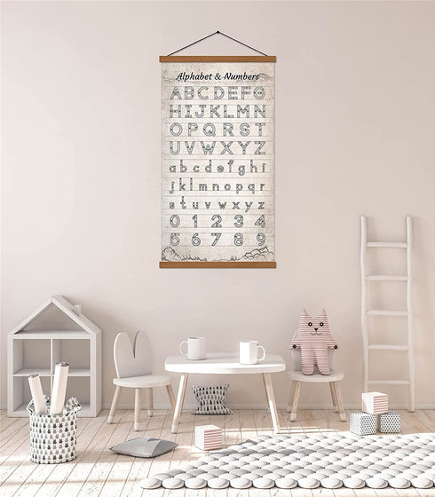 Alphabet Numbers Chart Poster Canvas Prints Print Kids Bedroom Sign Educational Painting Wall Art Decor With Wood Hanger Frame For Nurseries Kid's Rooms 16x27inch
