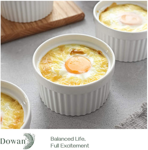 DOWAN 8 oz Ramekins - Ramekins for Creme Brulee Porcelain Ramekins Oven Safe, Classic Style Ramekins for Baking Souffle Ramekins Bowls, Set of 6, White