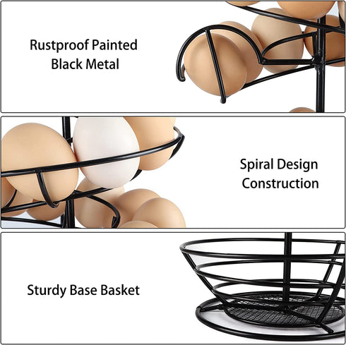 QUTREY Black Metal Egg Skelter with Storage Basket, Spiral Design Egg Holder for Large Egg for Countertop, Kitchen